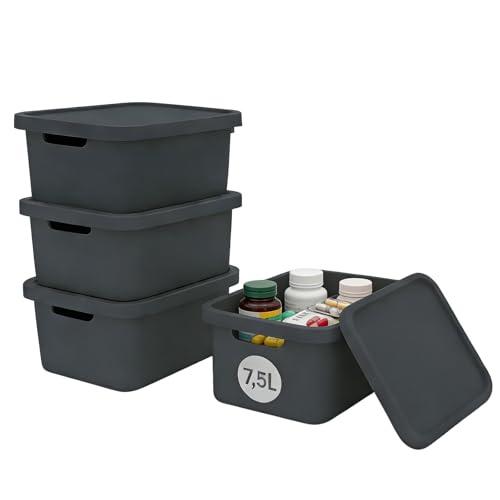 Plastard Aufbewahrungsboxen mit Deckel 7 5 L 4er-Set Anthrazit BPA-frei Stapelbar Ordnungsbox für Küche Bad Büro Kinderzimmer Regale Robuste Kunststoffbox Kleiderbox