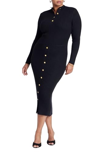 ELOQUII Women's Plus Size Mock Neck Rib Button Dress