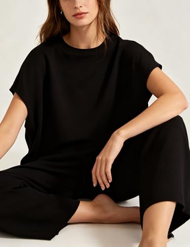 Image of Bozanly 2 Piece Sets for Women Short Sleeve Tops and Capris Loose Matching Pajama Sets Sweatsuits