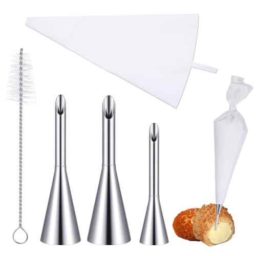 Lnngub Puff Cream Filling Piping Tips Kit,3 Pcs Long Puff Nozzle Tips with 1 Reusable Pastry Piping Bag & 1 Injector Tip Cleaning Brush Cupcake Filler Tool for Filling Donuts Cupcakes Cream Puffs