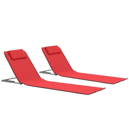 Teenpull Juego de 2 esterillas de playa plegables, color rojo, marco de acero, funda de tela, 160 x 53 x 47 cm, con compartimento de almacenamiento, respaldo ajustable, para playa, camping, jardín