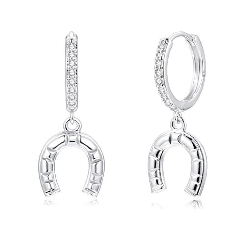 Image of Cangall Silver Drop Hoop Earrings for Women Girls, 925 Sterling Silver Hoop Earrings with Horseshoe Dangling, Minimalist Lightweight Dainty CZ Cute Cartilage Cuff Sleeper Silver Dangle Earrings