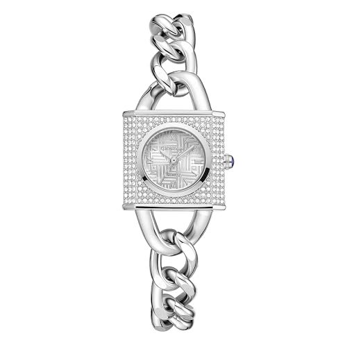 Image of Giordano Analog Quartz Watch for Women with Textured Square Dial, Crystal Studded Bezel, Blue Crown, Stainless Steel Strap - GZ-60160