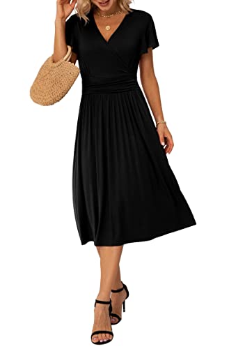 Grecerelle Summer Dress For Women, Casual Short Sleeve Black Dresses, Wrap V-Neck Party Dress(X-Large, Black) #TOP3