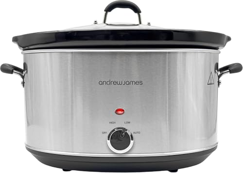 Andrew James 8L Slow Cooker - Roast-to-Rest Extra Large Family Slow Cooker with Ceramic Pot Easy-Clean Design 3 Heat Settings & Glass Lid Ideal for Roasts Soups & Party Meals S/Steel