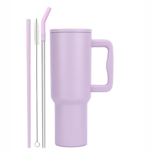Image of Stainless Steel Tumbler with Lid & Straw, 100% Leakproof Tumblers with Handle, Drink Sipper for Office,Gym & Outdoors 1200ml Tumbler (Purple+Brown)