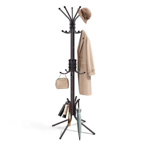 Outspurge Metal Coat Rack, Freestanding Coat Tree & Hall Tree with 15 Hooks, Sturdy Coat Rack Stand and Hat Rack, Coat Hanger for Entryway, Bedroom, Office for Jackets, Hats, Bags,Brown