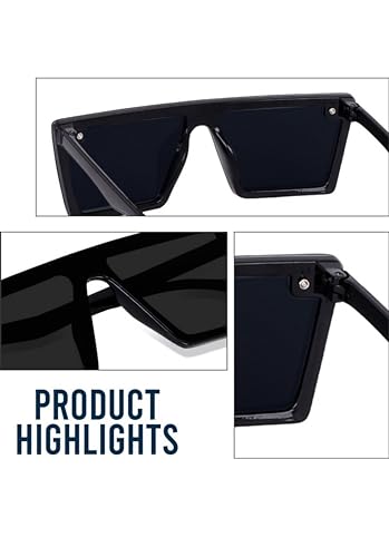 Image of Square Sunglasses for Men & Women UV400 Stylish Flat Top Fashion Black Shades