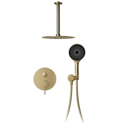 Duschsystem,Regenduschkopf 30 x 30 cm,360° Verstellbarer Regendusche Duschkopf,Selbstreinigende Kreisförmiger Hochdruck Duschkopf,Gebürstetes Gold Kopfbrause Dusche für Bad