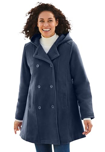 Woman Within Plus Size Double-Breasted Hooded Fleece Peacoat