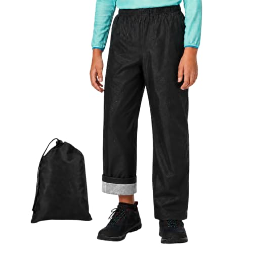 Image of Fjquamitix Kids Waterproof Rain Trousers Boys Girls Mud Dirty Proof Pants with Inner Mesh for Kids Children Rainwear Windproof for Age 6-14 Years (UK, Age, 10 Years, 11 Years, Regular, Black)