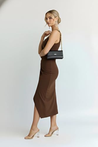 Image of Women's Sleeveless Midi Dress, Square Neck, Ruched Side, Bodycon Style with Slit