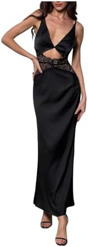 SHENHE Women's Satin Lace Deep V Neck Spaghetti Strap Slip Dress ...
