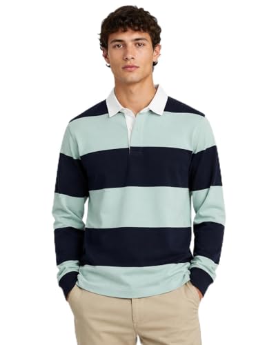 Image of Gaffer Mens Rugby Shirt Long Sleeve Polo Top Plain Single Stripe Multi Stripe Classic Casual Sports Workwear Sky Navy - Multi Stripe 2XL
