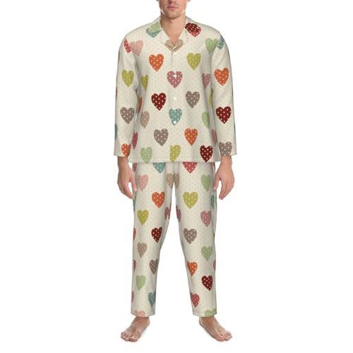 Heart Polka Dot Mens Pajama Sets Long Sleeve Loungewear Button Down Pjs Sleepwear