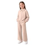 Conjunto de ropa de descanso de 2 piezas a juego para niñas, blusa de manga larga con botones frontales, pantalones casuales suaves de pierna recta, ajuste relajado para niños de 8 a 12 años (1A-beige