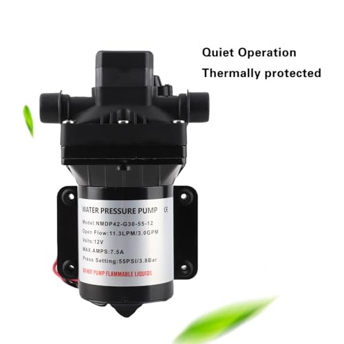 Pompe à Eau Auto-amorçante 12V DC 55 PSI 3 GPM pour Camping-Car Caravane, Pompe à Membrane avec Pressostat, Protection Thermique Intégrée