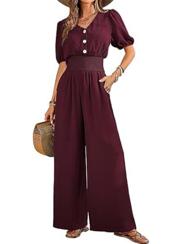 Mono de verano de algodón y lino para mujer con cuello en V y pierna ancha