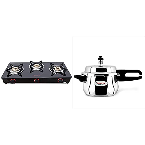 Butterfly Smart Glass 3 Burner Gas Stove, Black & Butterfly Curve Stainless Steel Outer Lid Pressure Cooker, 3 Litre
