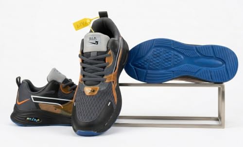 Image of Athletic Running Shoes, Dark Grey with Orange Accents, Cushion Sole, Blue Outsole, Lace-Up Sneakers