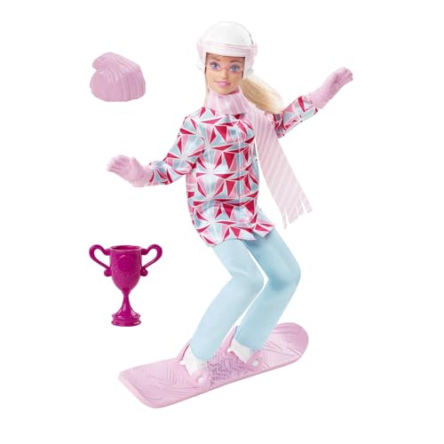 Barbie Muñeca Rubia Deportista de Invierno, Articulada, con Atuendo y Tabla de Snowboard y Trofeo, 30,48 cm, Regalo para Niños de 3+ Años