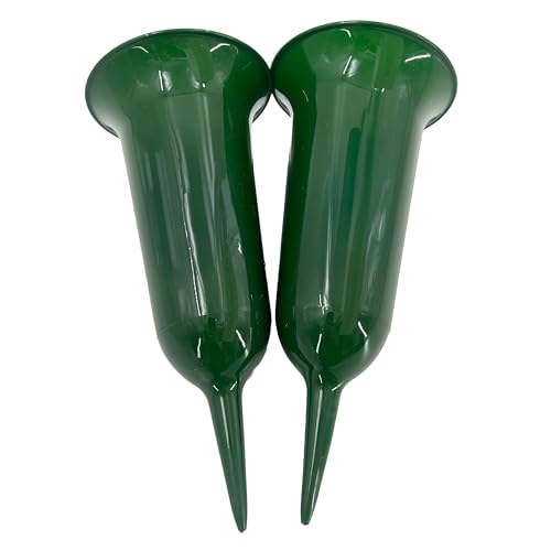 Set of 2 Plain Green Fluted Spiked Memorial Grave Flower Vases Container Holder