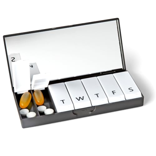 PORT X POLISH Designer Weekly Pill Box Organizer (Single 1X Daily, Classic Black) | Compact, Stylish 7-Day Vitamin Supplement Case | Cute Portable Mini Travel Medicine Carrier | BPA-Free Pillbox Caddy