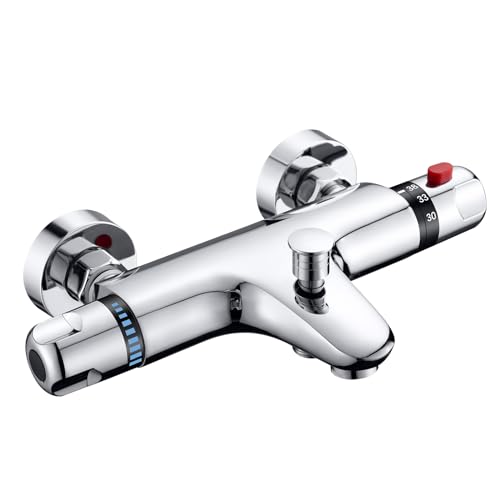 ROWINNAO Mitigeur Thermostatique Douche/Bain, Mitigeur Baignoire Thermostatique en Laiton avec Bouton de Sécurité à 38℃, Mural Robinet de Douche avec 2 Sorties...