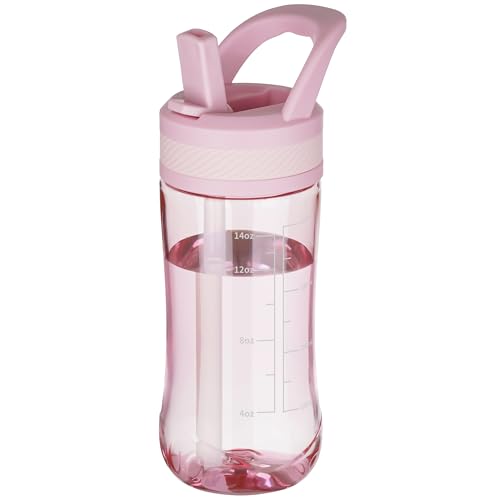 Edmyre 14oz Clear Kids Water Bottle with Straw Lid BPA-Free Tritan Measurement Scale Sturdy Handle Wide Mouth Leak-proof Reusable Plastic Bottle for Boy& Girls Back to School(Pink)