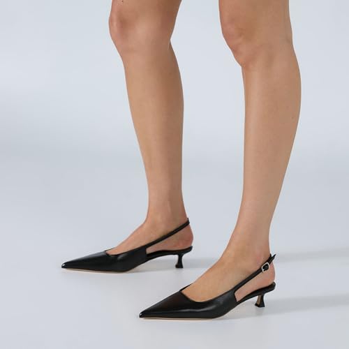 Image of KysBloes Pointed Toe Slingback Kitten Heels for Women Low Heel Pointed Toe Pumps Formal Dress Shoes Sling Back Heels