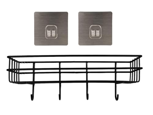 Image of GI Steel Self-Adhesive Multipurpose Bathroom Shelf with Hooks /Towel Holder /Rack /Bathroom Accessories-Wall Mount (Black) (Pack of 2)