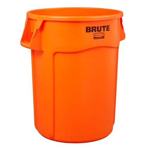 Rubbermaid Commercial Products BRUTE Heavy Duty Round Trash Can, High Visibility Garbage Can, 44 Gal, Orange, for Landscapers/Construction/Restaurants/Back of House/Offices
