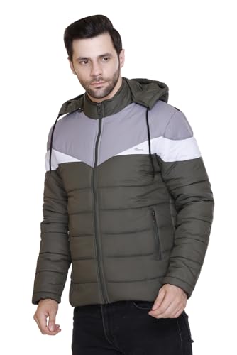 Image of Men's Navy Blue and Grey Hooded Puffer Jacket, Quilted, Zip Front