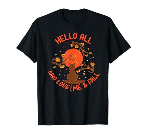 Hello Fall Tree Leaf Moon Cute Cat Kitty Feline Love Autumn T-Shirt