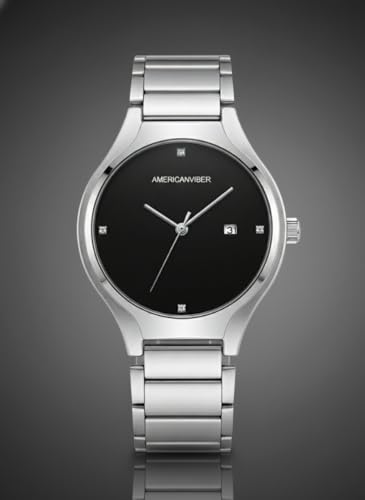 Image of AMERICANVIBER Men's Minimalist Watch, Silver Stainless Steel, White Dial with Crystal Accents, Analog Quartz Movement, Date Window For Men