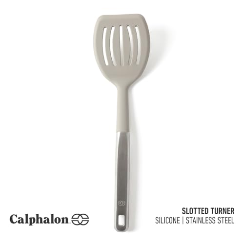 Image of Calphalon Prime Slotted Turner, Kitchen Flipping Spatula, Slotted Spatula with Silicone Head and Stainless Steel Handle, Heat Resistant Nonstick Cookware for Flipping and Draining (Taupe)