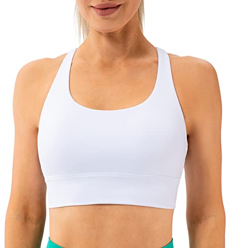 Lavento Women's Strappy Sports Bra Long Line Medium Support Energy Workout Training Top (White, Large) #TOP1