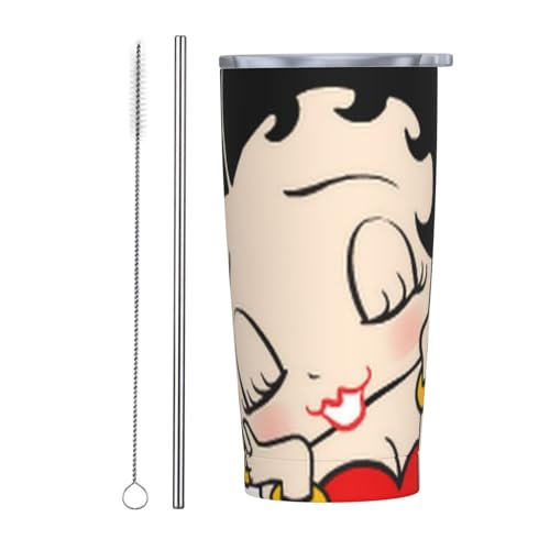 ベティブープ アニメ ストロー&ストローブラシ付き マグカップ コーヒーカップ 600ml コンビニカップ タンブラー ステンレス製 保冷 保温 車用 蓋付き 持ち運び 水筒 大容量 直飲み キャラクター 人気 プレゼント