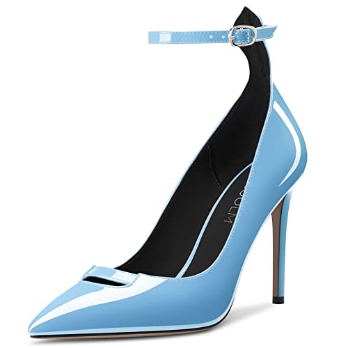 HDEUOLM Women Stiletto High Heel Pointed Toe Pumps Ankle Strap Buckle Prom Cute 3.9 Inches Heels