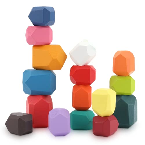 Boxiki kids 24 Pièces Jouet d'empilage de Pierre en Bois, Blocs de Construction en Pierre en Bois Triant et Empilant des Blocs de Roche Jouets Montessori pour Les Tout-Petits Garçons et Filles Cover