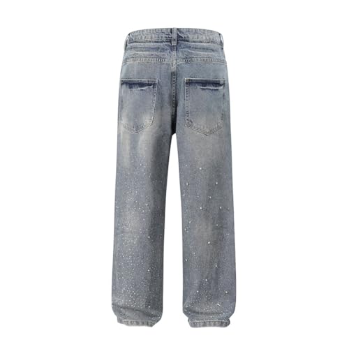 Men’S Print Straight Jeans Mid Waist Loose Fit Denim Pants Zipper Fly Patchwork Jeans3