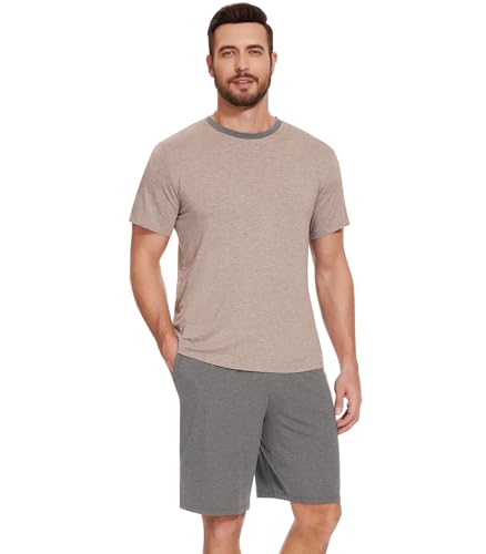 NACHILA Men's Pajamas-Viscose Made from Bamboo, Short Sleeve Summer Pjs Cooling Pajama Shorts Set Soft Sleepwear with Pockets Camel-Dark Heather Grey XL