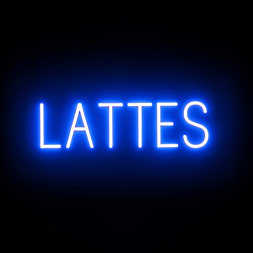 Image of SpellBrite LED Neon LATTES Sign for Business - Blue, 24 inch x 6 inch | Ultra-Bright Click-Together Signage for Cafes, with Visibility from 500 Feet - 8 Animations, 6 Brightness Settings