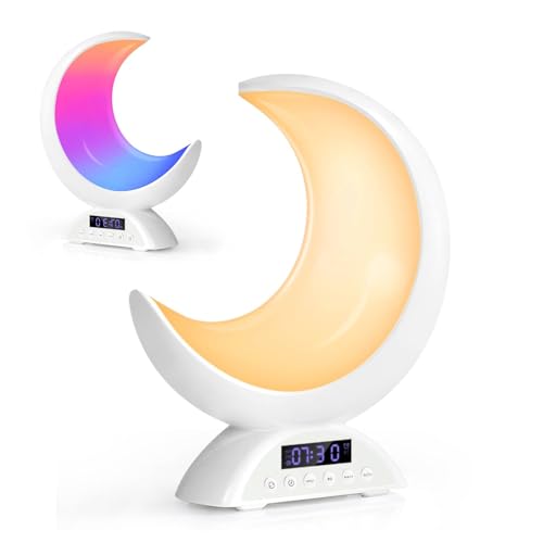 Wothfav Réveil Lumineux, Lumière de Lune, Lampe de Réveil avec Haut-parleurs Bluetooth, Lampe de Chevet Tactile avec Reveil Enfant, Veilleuse Enfant, Décoration de Noël