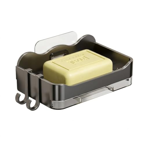 Image of Self-Adhseive Bathroom Soap Holder with Drainage Tray Wall Mounted Soap Sponge Holder Organizer Accessories (1, Black SOAP Box)