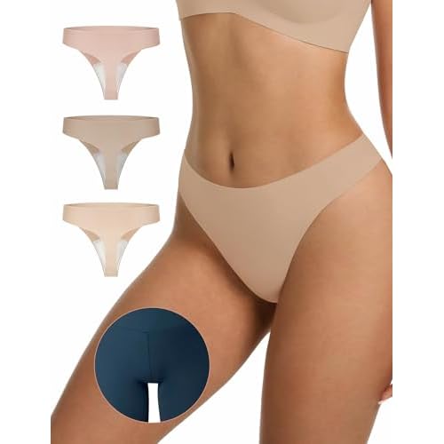 LUCKMEEY Cotton Thongs for Women Seamless Thongs for Women No Show Thong Panty Liners Workout G-String Thongs Underwear 3p-ice Cream+oatmilk Skin+peach Pink X-Large