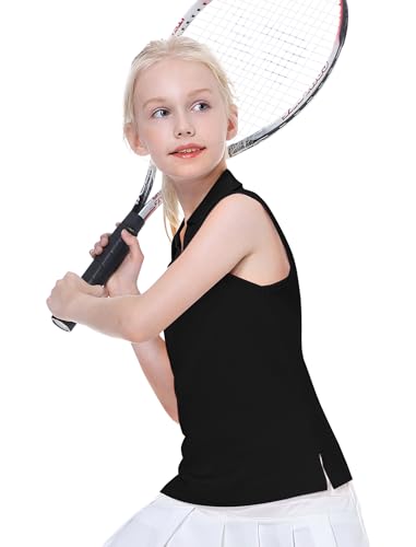 Image of EXARUS Girls Golf Polo Tennis Shirts Sleeveless Kids V-Neck Tank Tops | Equestrian UPF 50+ Quick Dry Clothes