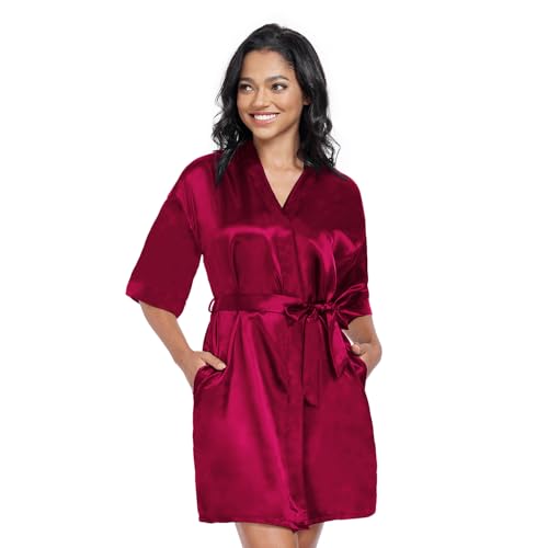 Image of Women's Short Satin Robes Lightweight Silky V-Neck Sleepwear Wedding Bridal Party Bride Bridesmaid Bathrobes