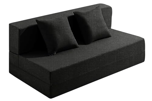 Image of Los Angeles Foldable Two Seater Sofa Cum Bed, Sofa Bed 4 X 6 Feet, Jute Fabric Washable Cover Including Two Cushion Perfect for Home & Office, Guest Room - Black