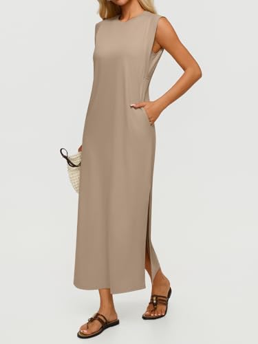 REORIA Women's Summer Vacation Long Maxi Dress Casual Sleeveless Sundresses Beach Tank Dresses with Pockets White Pepper Small — view 3